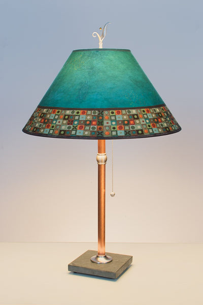 Steel Table Lamp on Wood with Large Conical Shade in Jade Mosaic