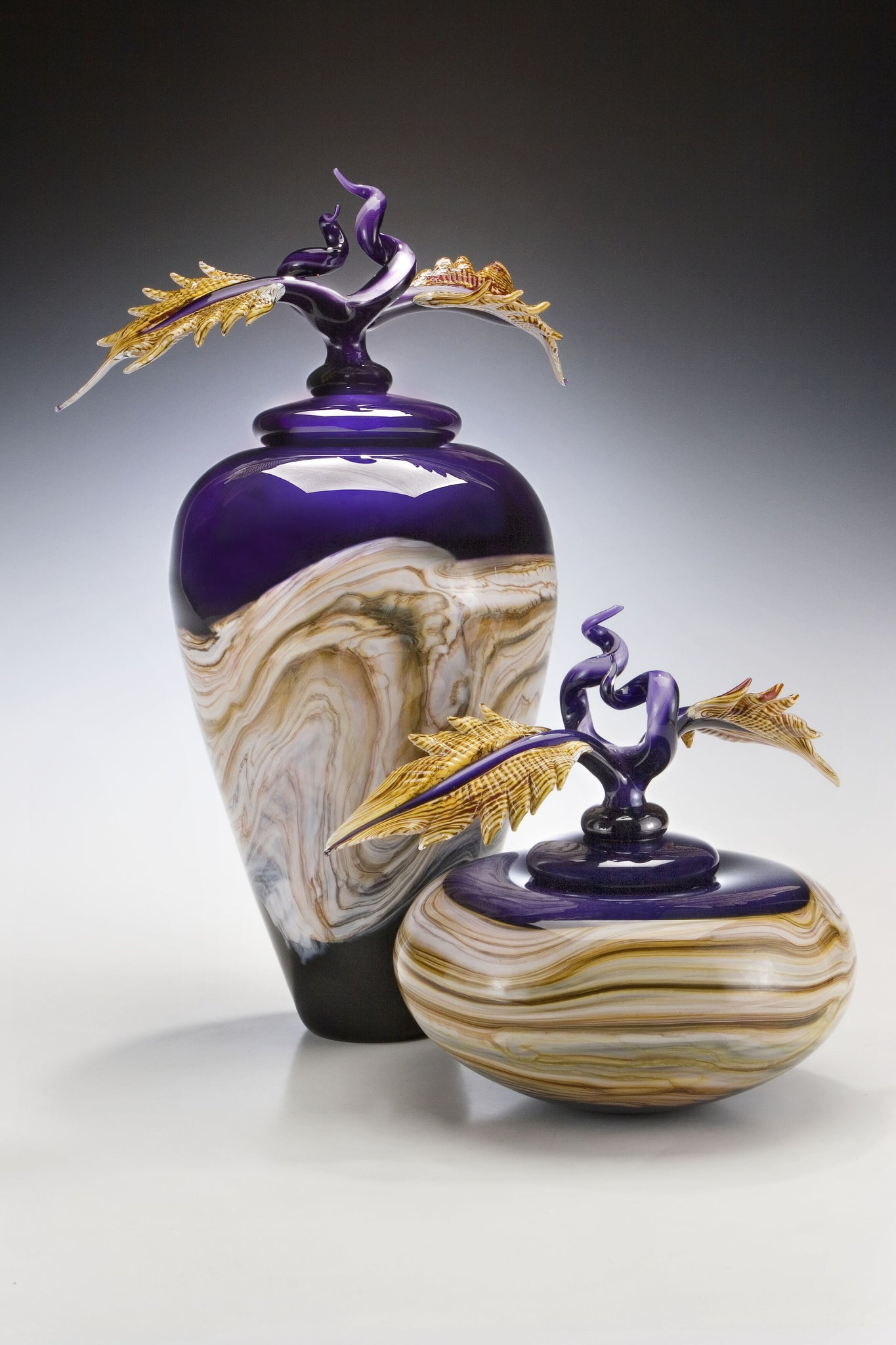 Amethyst Strata Covered Bowl & Jar with Avian Finials