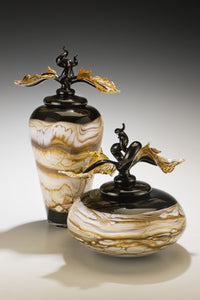 Black Strata Covered Bowl & Jar with Avian Finials